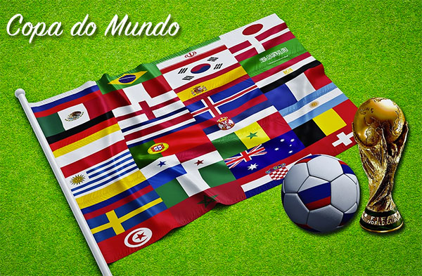 Trófeu e bandeiras das seleções da copa do mundo