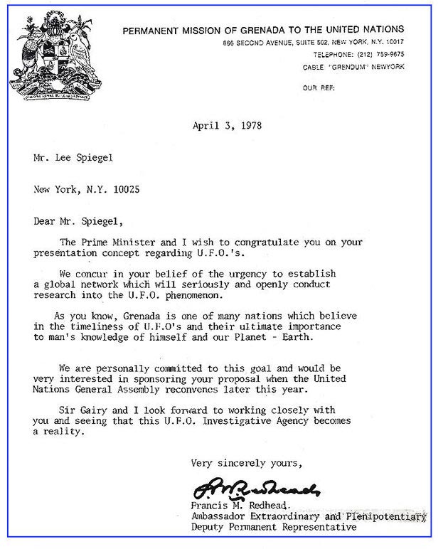 Carta de 1978 de Grenada a Lee Speigel confirmando o compromisso do país em patrocinar a investigações de OVNI