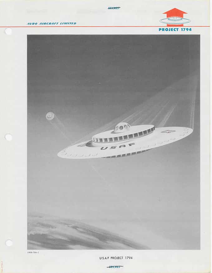 Aeronave em formato de OVNI, ilustração de voo