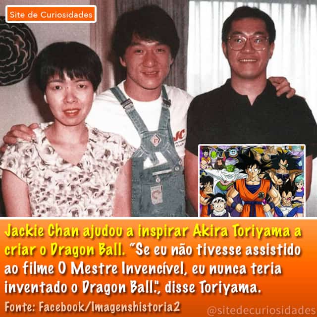 Na foto: Jackie Chan com Akira Toriyama, criador de Dragon Ball, e a esposa dele, Mikami, em 1986